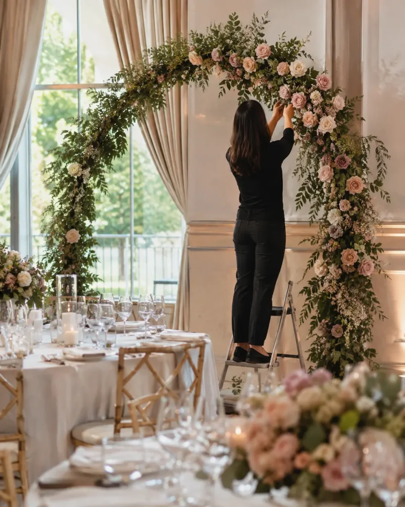Sue carefully arranging blush flowers on a custom event installation